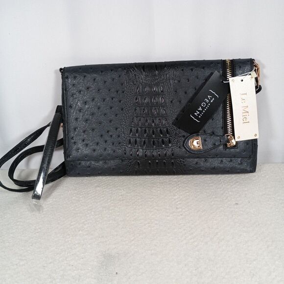 LE MIEL Vegan Leather Adjustable Crossbody Clutch Purse Dark Gray NEW - Picture 2 of 16